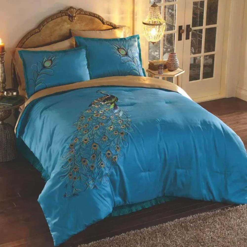 Embroidered peacock comforter set 4 items set faux silk
